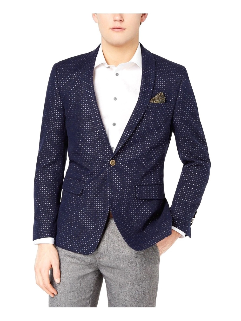 TALLIA Navy Silver Patterned Shawl Lapel Single-Button Blazer